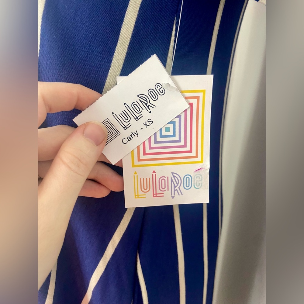 LuLaRoe Carly Dress Blue and White Vertical Stripe - Picture 4 of 7